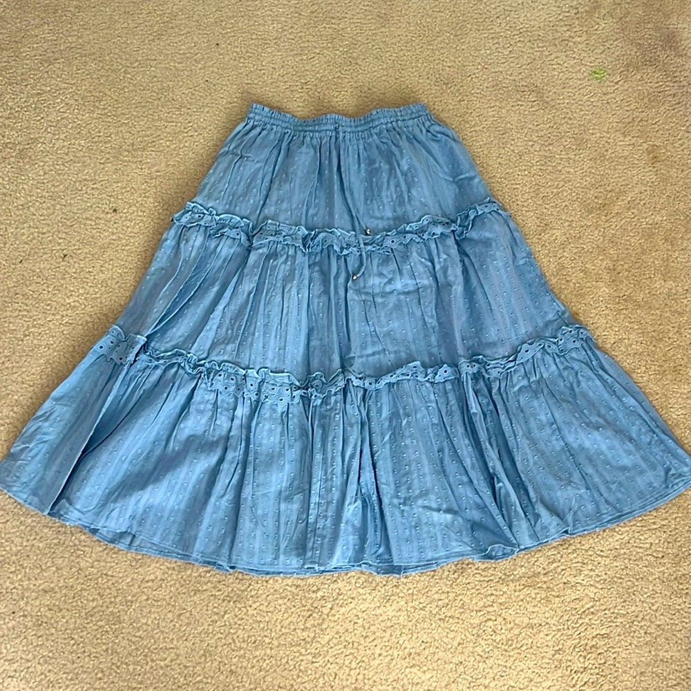 Lovely Belgian Sky Blue Ruffled Eyelet Lace Detail Layered Maxi Skirt